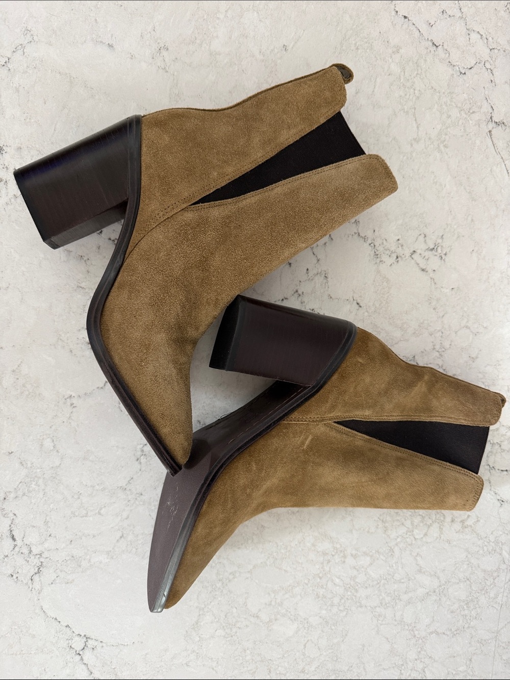 NWOT Marc Fisher Pointed Suede Chelsea Booties in Olive